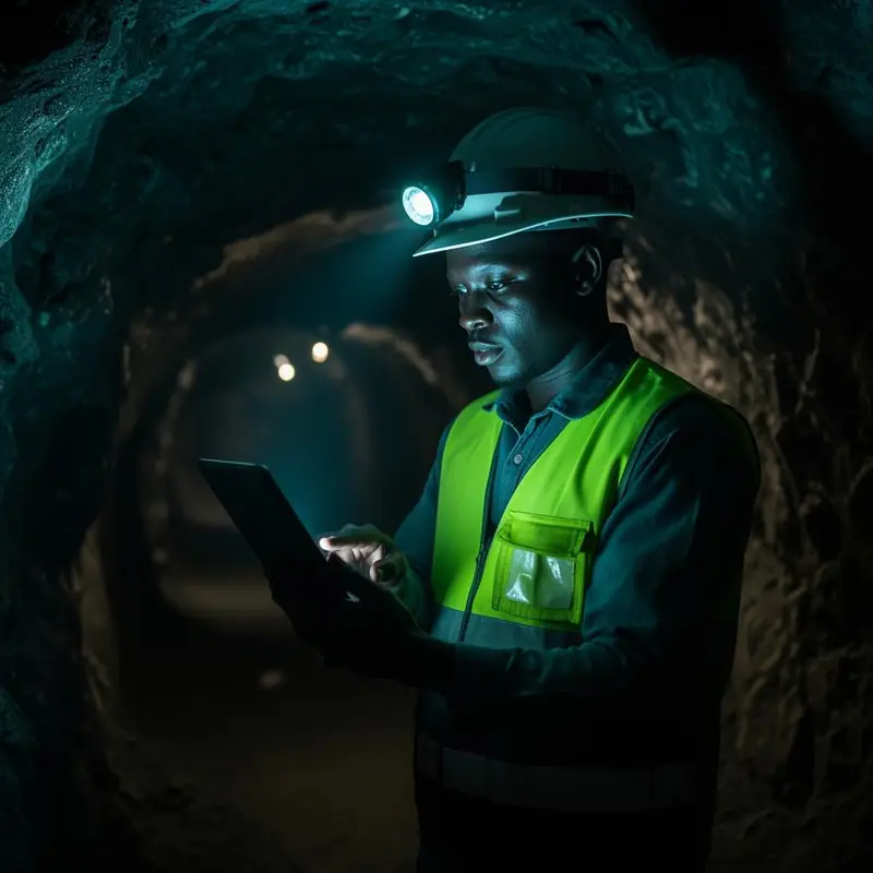 Underground mine worker reviewing safety telemetry